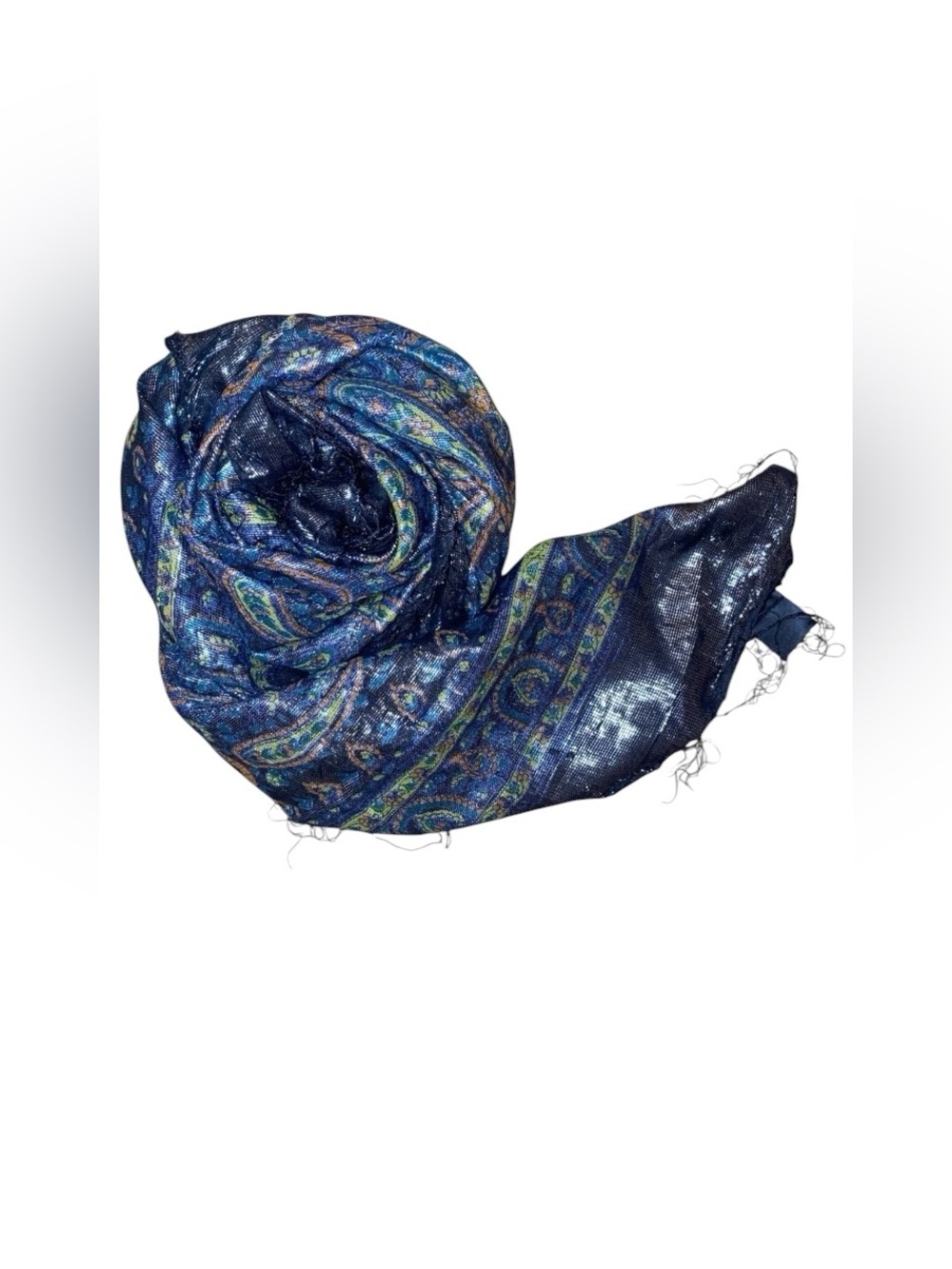 FASHION SCARF Fringed in Shimmery Navy Blue Paisley Print 38” Square